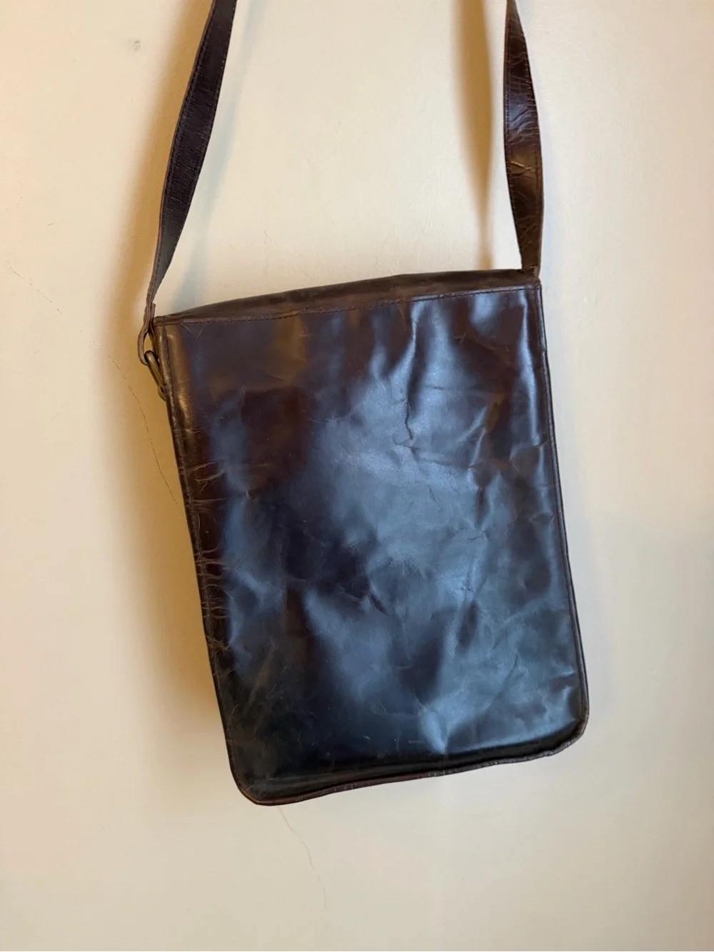 Vtg Waxed Leather Messenger Bag Crossbody Green Canvas Interior Brass Hardware
